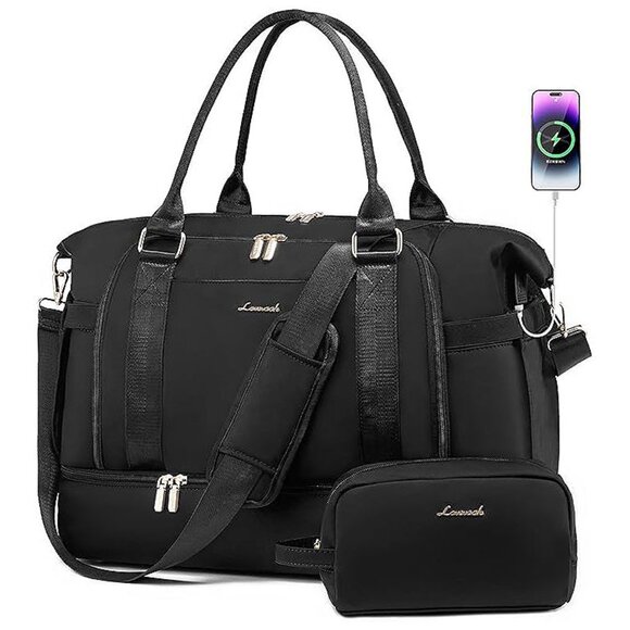 Gym Bag for WomenTravel Duffel Bag with USB Charging Port, Black